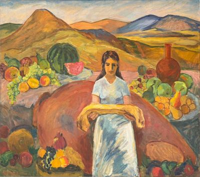 an oil painting of a woman standing in front of a table full of fruit