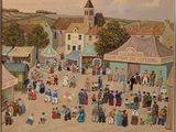 a painting of a crowd of people in a town square