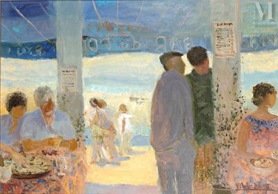 a painting of a group of people on the beach