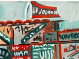 a painting of a bunch of signs on the side of a building