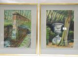 painting of two framed pictures of a stone structure and a stream in a wooded area