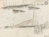 dessin représentant un groupe de personnes marchant sur un trottoir au bord d'un plan d'eau