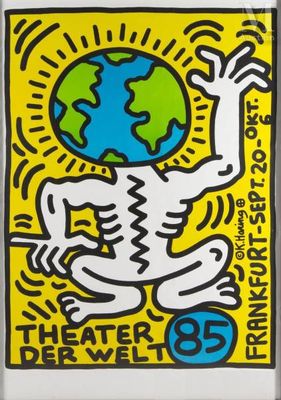 a poster with a drawing of a person holding a globe