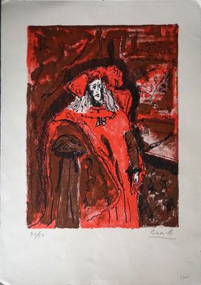 tableau représentant une femme vêtue d'une robe rouge, assise sur une chaise
