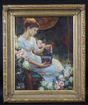 une peinture à l'huile représentant une femme assise sur une chaise, tenant un chat dans ses bras