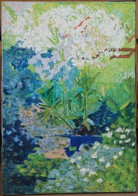 peinture représentant un tableau d'un bateau dans un étang, avec des fleurs blanches