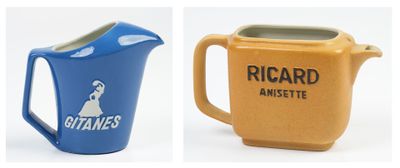 two mugs with different designs on them, one is blue and the other is yellow
