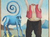 tableau représentant un homme tenant une cruche au-dessus de sa tête devant un chien bleu