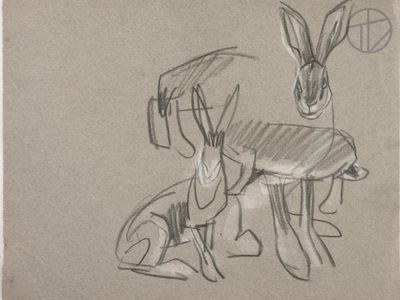 drawing of two antelope and a dog on a beige background
