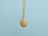 a close up of a person wearing a necklace with a gold disc on it