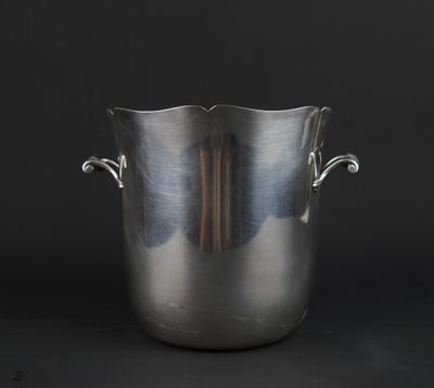 silver ice bucket with handles on a black background
