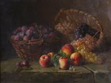 painting of a basket of fruit with grapes and peaches on a table