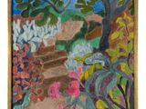 an image of a painting of a garden with flowers and trees