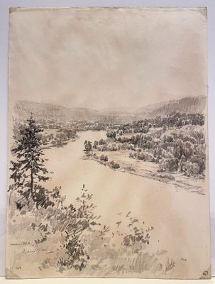 drawing of a landscape with a river and trees in the foreground