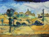 une peinture à l'huile représentant un paysage avec un moulin à vent au loin