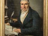 un vieux tableau représentant un homme assis à un bureau, avec un stylo et du papier