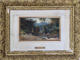 une peinture à l'huile représentant un paysage avec des arbres et une rivière