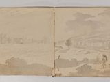 an open book with a drawing of a landscape on it