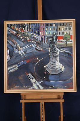 tableau représentant un carrefour urbain avec la statue de la Liberté au centre