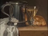 painting of a still life with bread and a glass of wine on a table