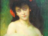an oil painting of a woman in a white dress with red flowers in her hair