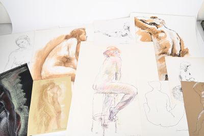 many drawings of a woman sitting on a chair