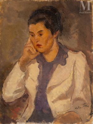tableau représentant une femme assise sur une chaise, la main posée sur le menton