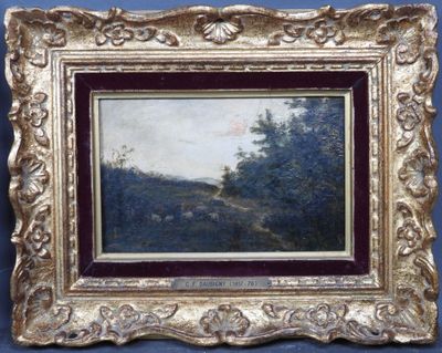 une peinture à l'huile représentant un paysage avec des arbres, dans un cadre doré sur fond bleu