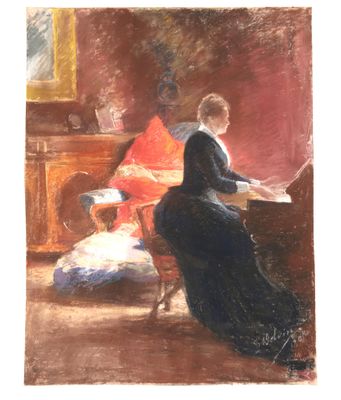 une image représentant un tableau où l'on voit une femme assise au piano