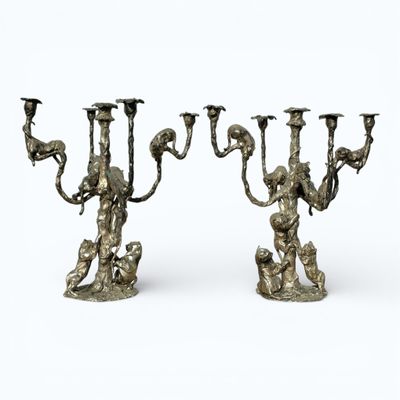 José Maria DAVID (1944-2015) Deux chandeliers avec panthères… - Photo 1