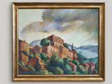 tableau représentant un village situé sur une colline, avec le ciel en arrière-plan