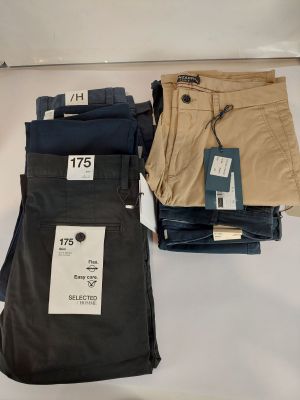 three pairs of men ' s pants sitting on top of a white table