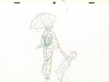 a drawing of a woman with an umbrella and a dog