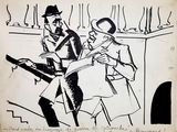 drawing of a man and a woman standing next to each other in front of a counter