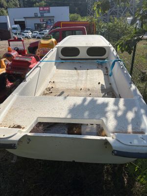 un bateau blanc posé dans l'herbe