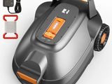une image représentant une tondeuse robotisée avec son chargeur et son cordon d'alimentation