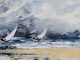 painting of a group of sailboats sailing on a large body of water