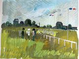 un tableau représentant une course hippique avec des spectateurs sur la piste