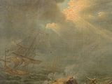 an old painting of a ship in rough water with rocks in the foreground