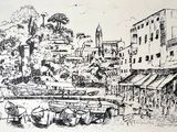 a black and white drawing of a town with boats