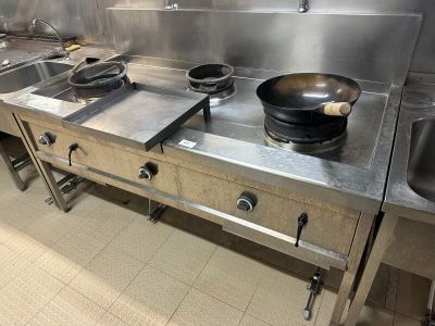 plan de travail en acier inoxydable dans une cuisine professionnelle, avec une poêle posée sur le brûleur