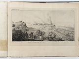 an open book with a drawing of a town on the top of a hill