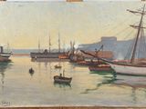 a painting of a harbor scene with boats in the water