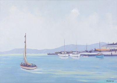 a painting of a sailboat in the water near a dock