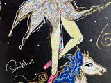 a drawing of a woman riding a horse with a clock in her hand