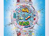 un tableau représentant une montre dont le cadran est recouvert de graffitis