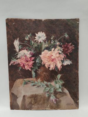 une peinture de fleurs dans un vase sur une table