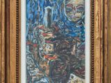 an oil painting of a man in a hat and glasses
