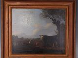 painting of cows in a pasture by a tree in a wooden frame