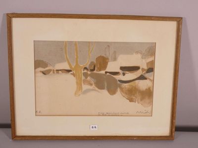 painting of a snowy landscape with trees in the foreground and a building in the background